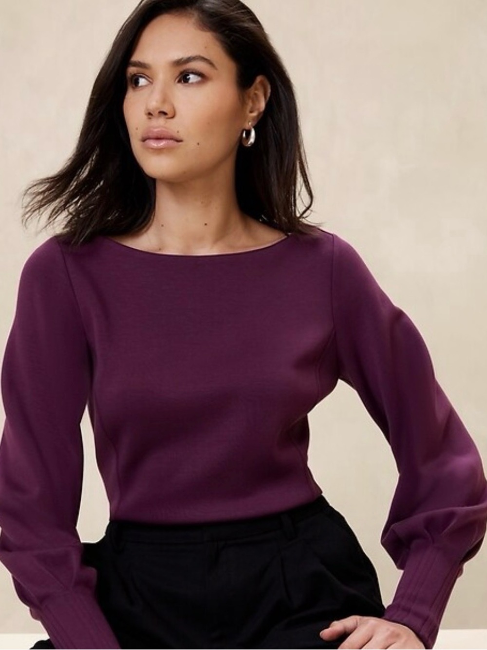 Banana Republic Sz M Pin-tuck Sleeves Scuba Top in Dark Plum